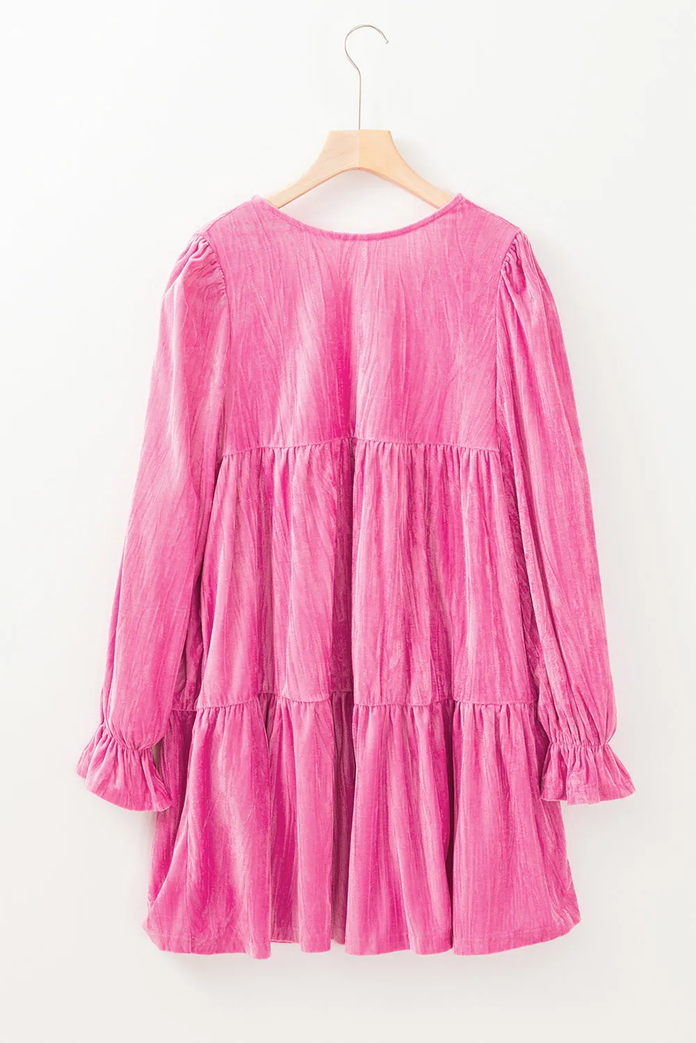 Pink Flounce Sleeve Tiered Ruffled Velvet Mini Dress sold by Beagle Boutique