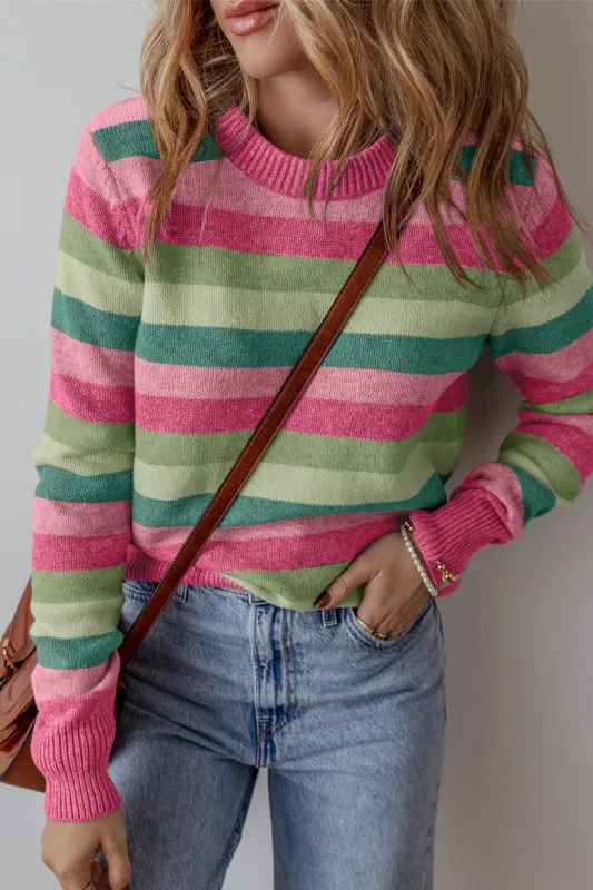 Green Color Block Ribbed Edge Round Neck Sweater sold by Beagle Boutique