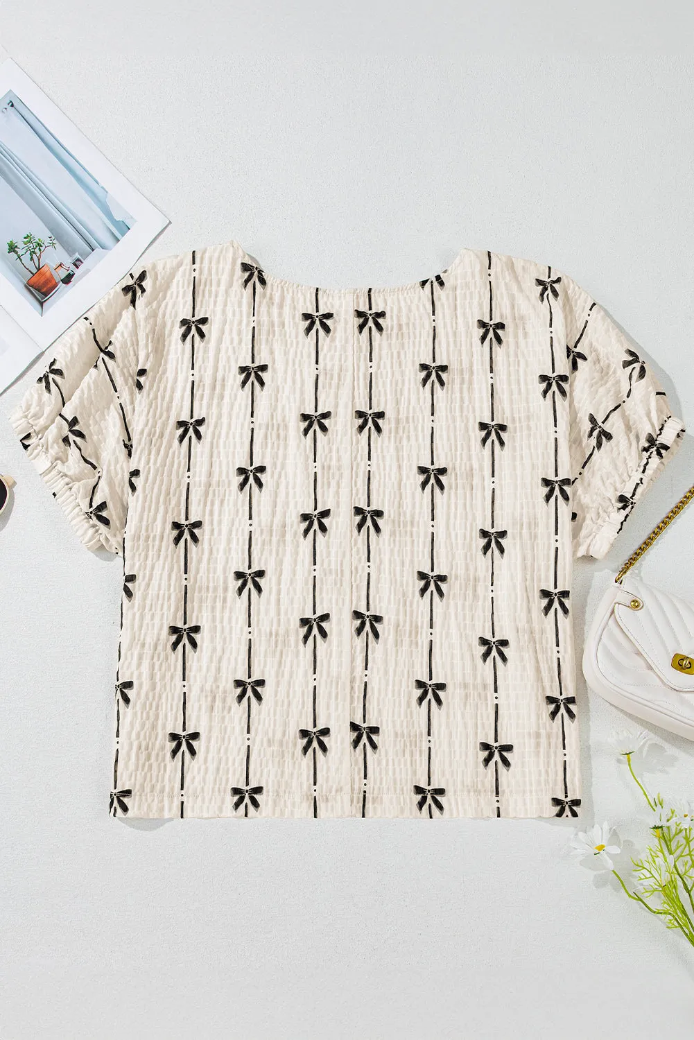 Beige Bow Print Puff Short Sleeve Top sold by Beagle Boutique product image thumbnail 5