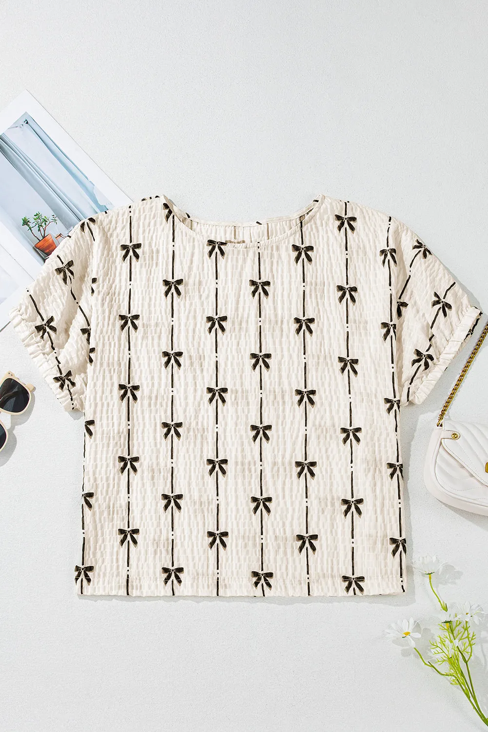 Beige Bow Print Puff Short Sleeve Top sold by Beagle Boutique product image thumbnail 4
