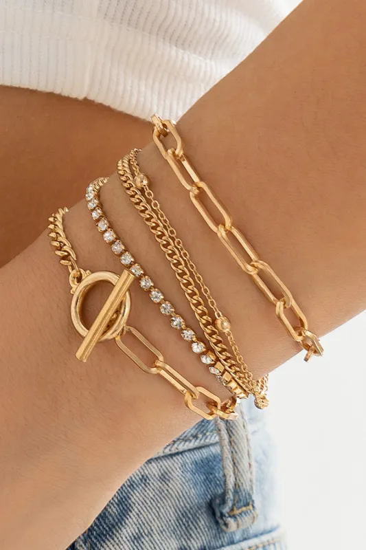 Gold Multi Layered Rhinestone Plated Chain Bracelet Set sold by Beagle Boutique