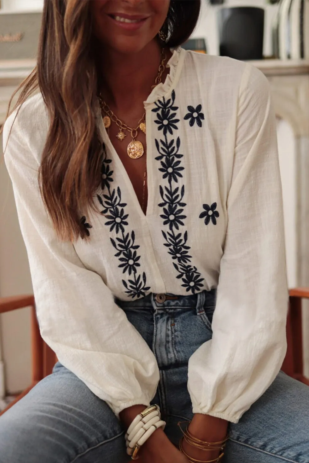 White Floral Embroidered Frilled V Neck Puff Sleeve Blouse sold by Beagle Boutique