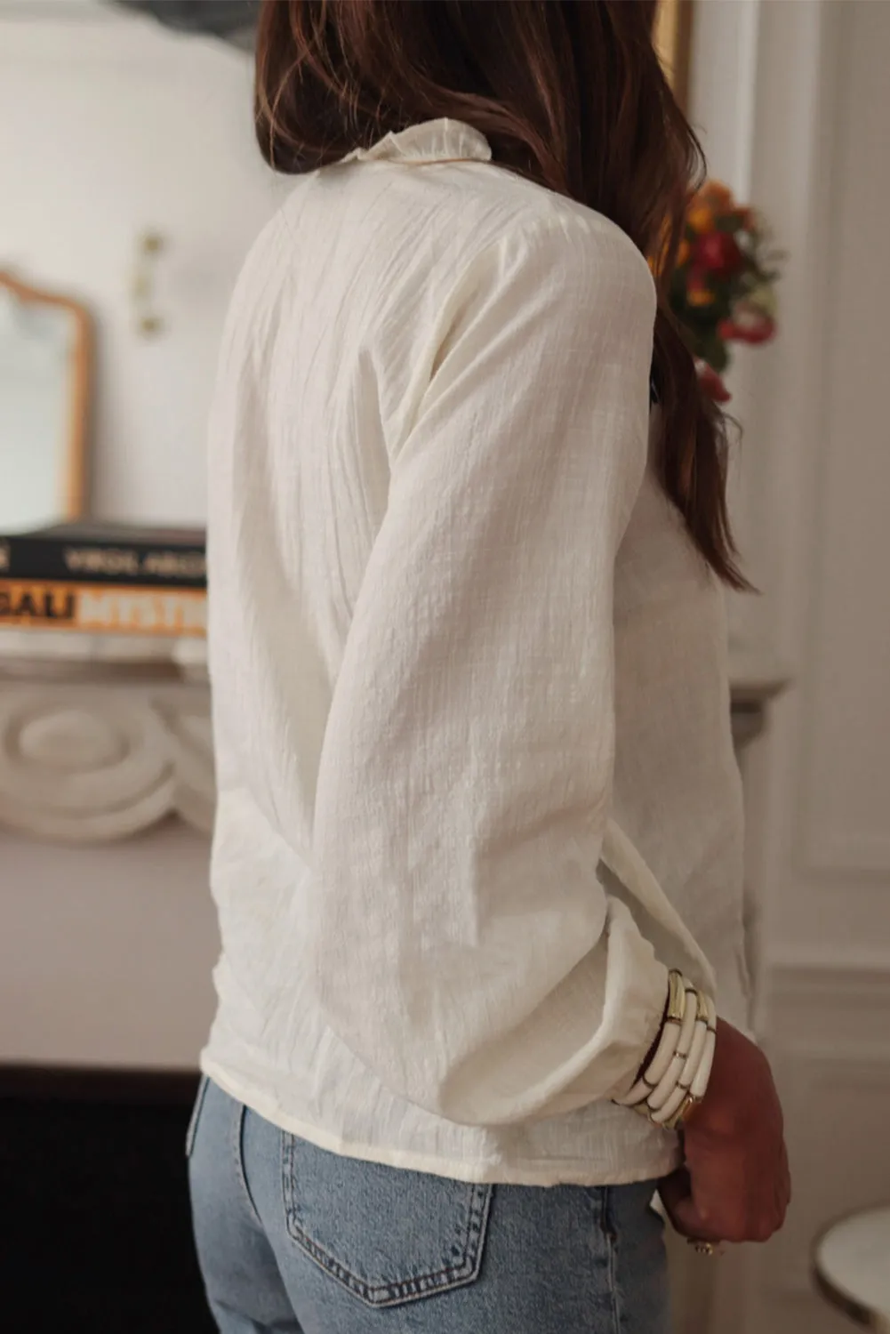 White Floral Embroidered Frilled V Neck Puff Sleeve Blouse sold by Beagle Boutique product image thumbnail 2