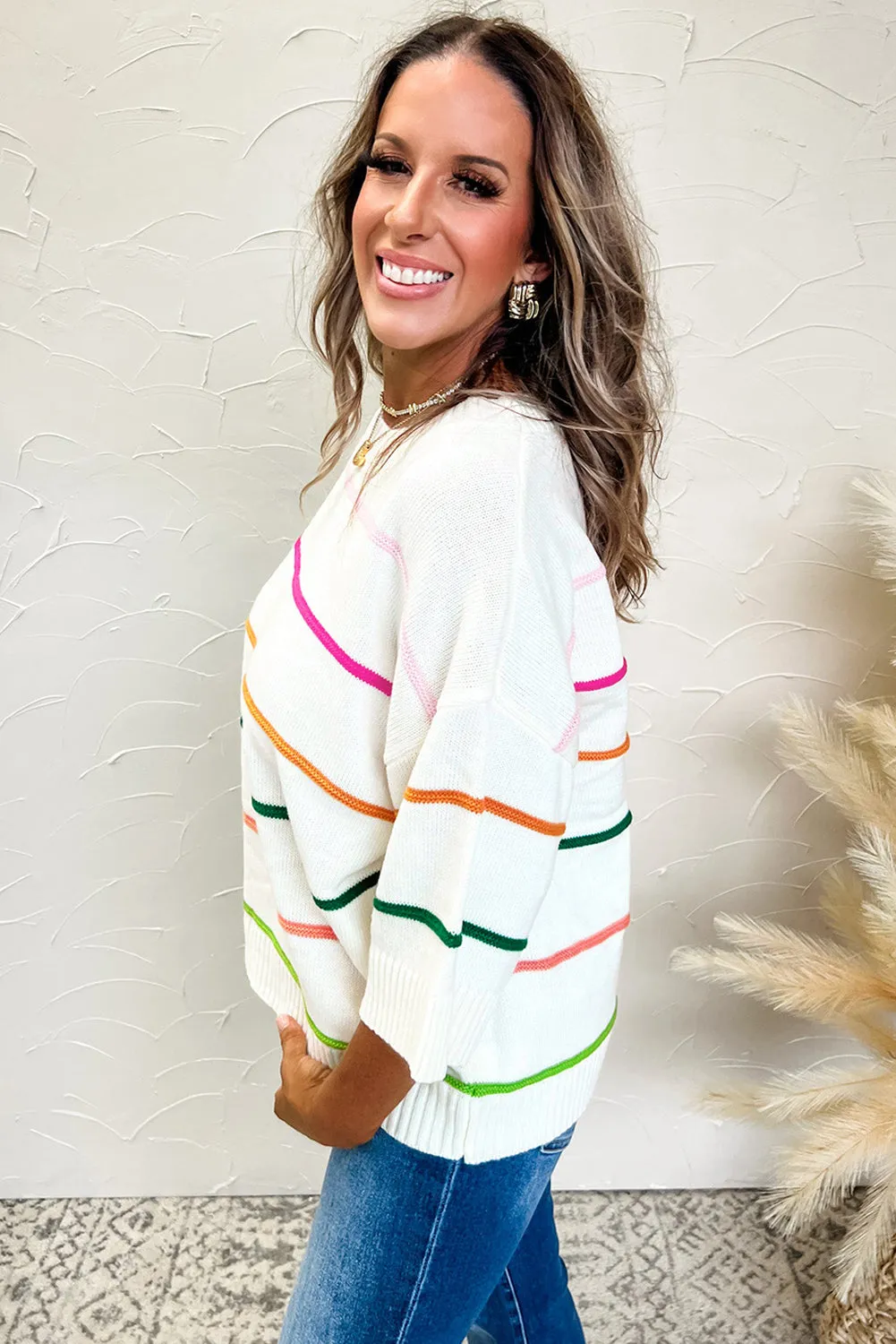 White Colorblock Striped Half Sleeve Drop Shoulder Sweater sold by Beagle Boutique product image thumbnail 3