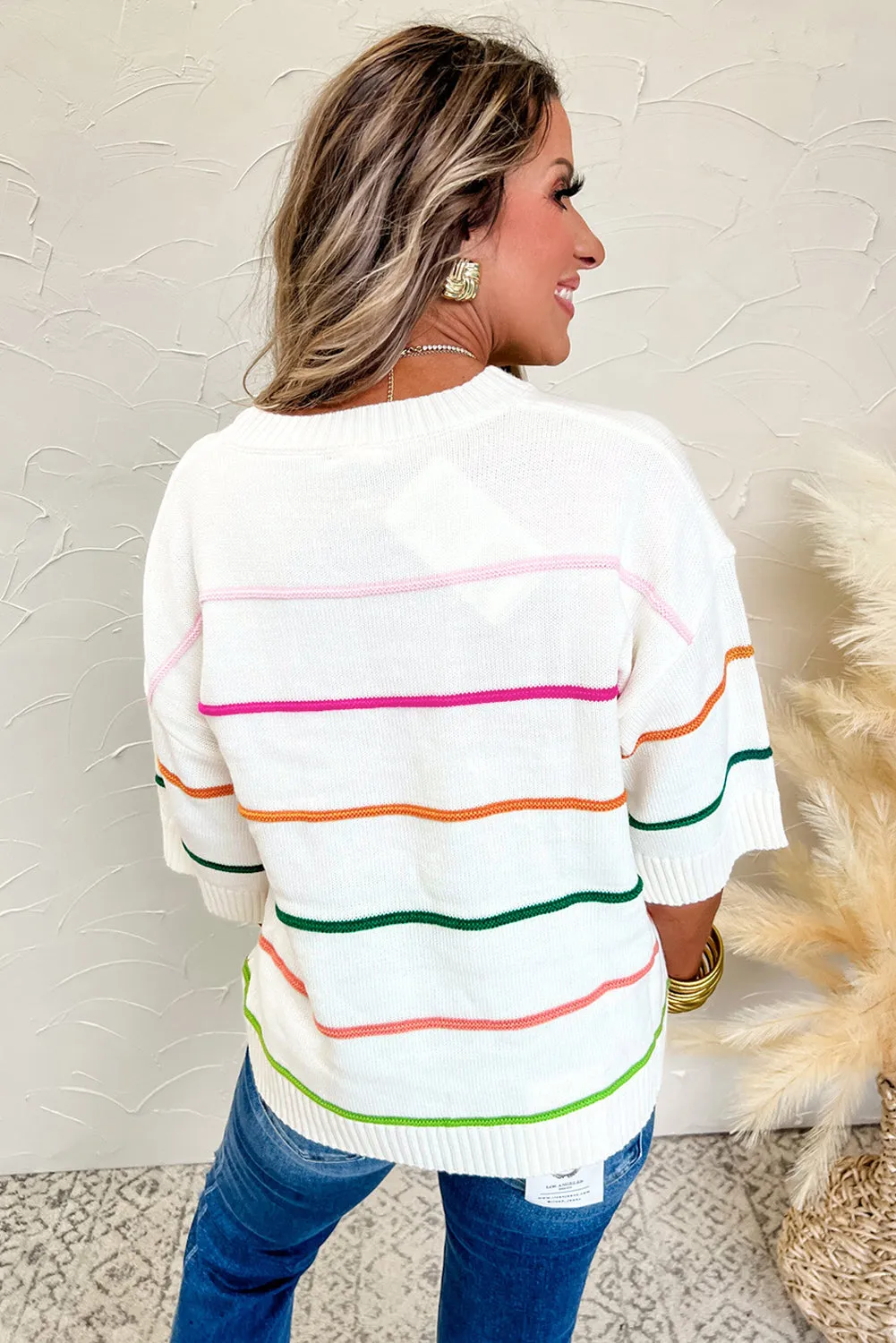 White Colorblock Striped Half Sleeve Drop Shoulder Sweater sold by Beagle Boutique product image thumbnail 2