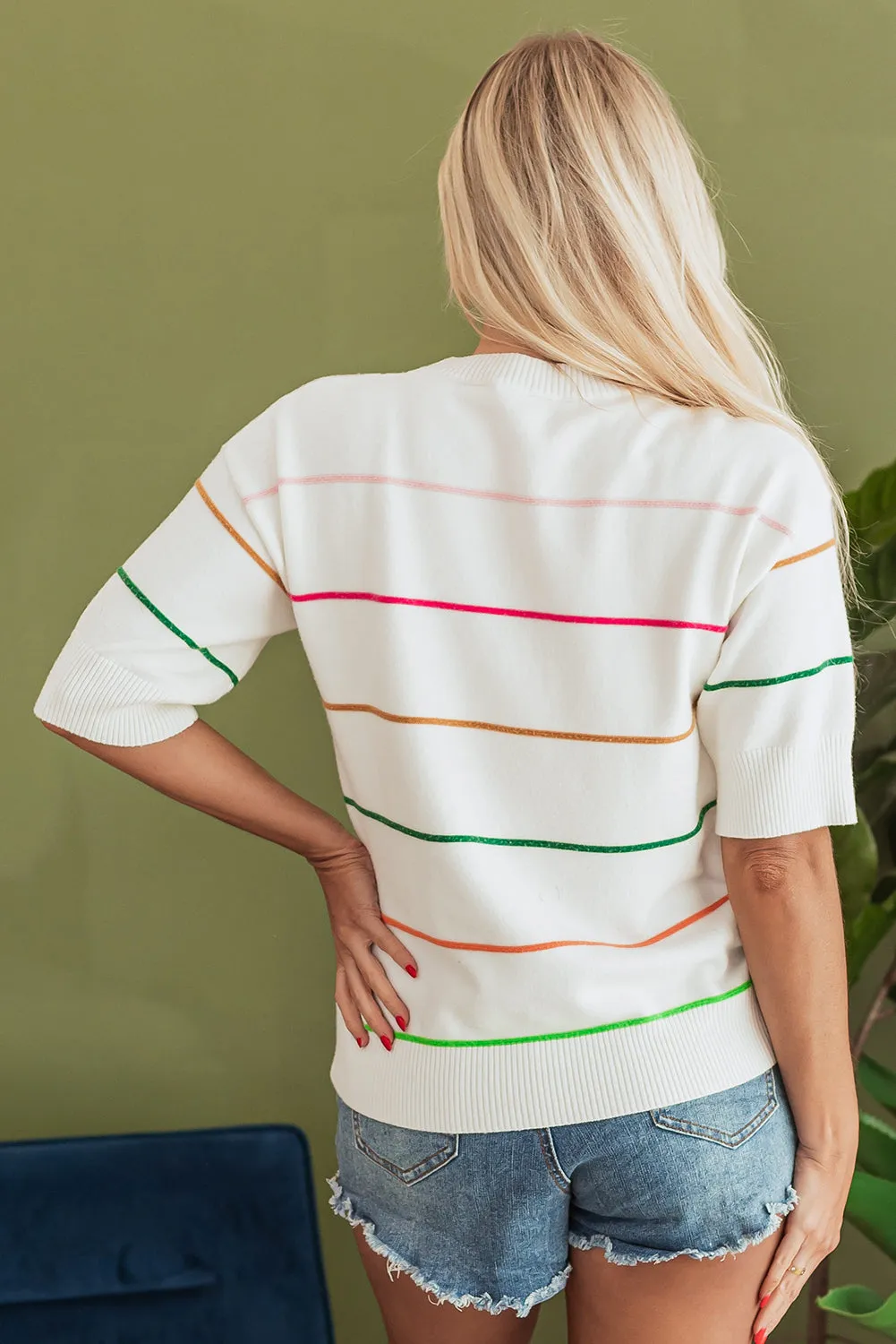 White Colorblock Striped Half Sleeve Drop Shoulder Sweater sold by Beagle Boutique product image thumbnail 5