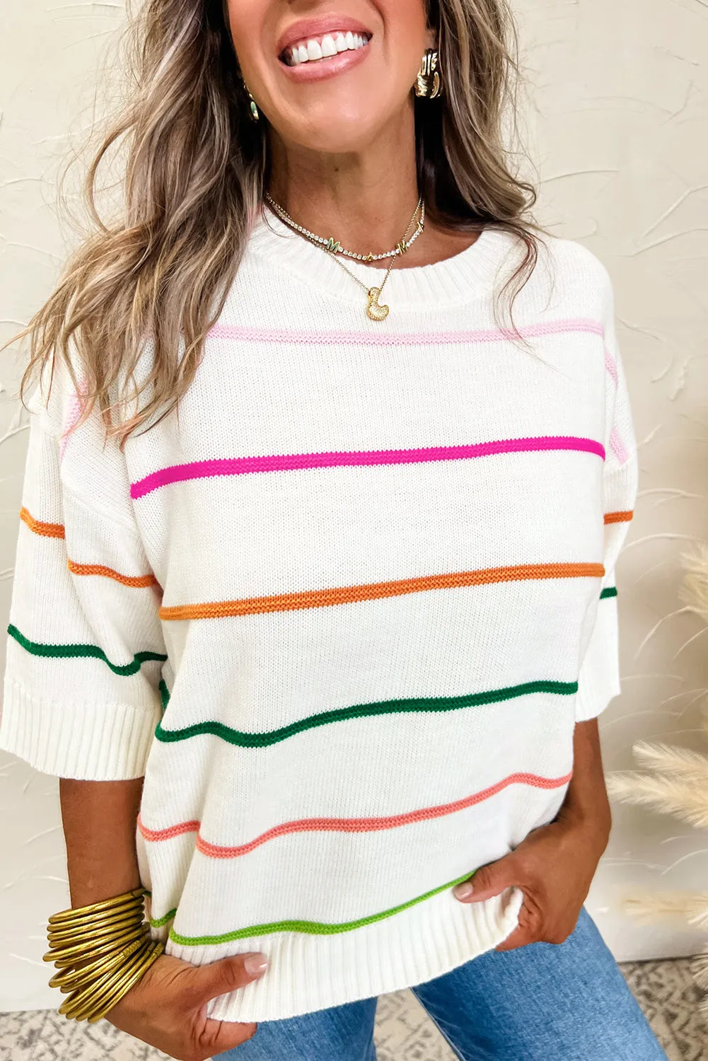 White Colorblock Striped Half Sleeve Drop Shoulder Sweater sold by Beagle Boutique
