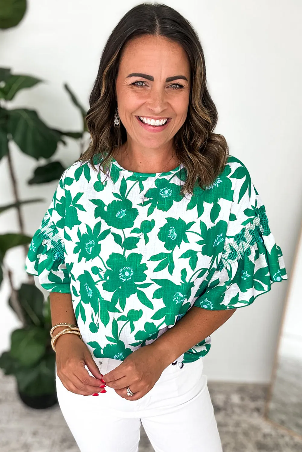 Green Floral Printed Ruffled Short Sleeve Round Neck Loose Blouse sold by Beagle Boutique product image thumbnail 3