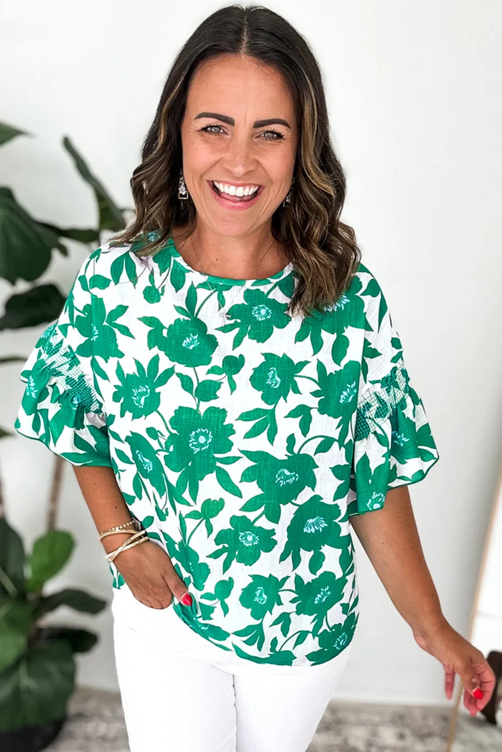 Green Floral Printed Ruffled Short Sleeve Round Neck Loose Blouse sold by Beagle Boutique product image thumbnail 4