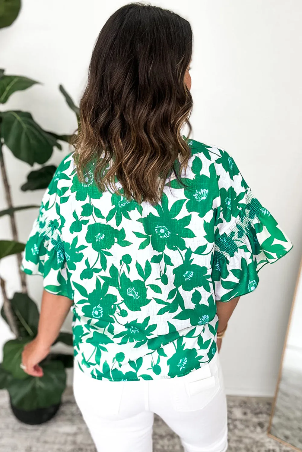 Green Floral Printed Ruffled Short Sleeve Round Neck Loose Blouse sold by Beagle Boutique product image thumbnail 2
