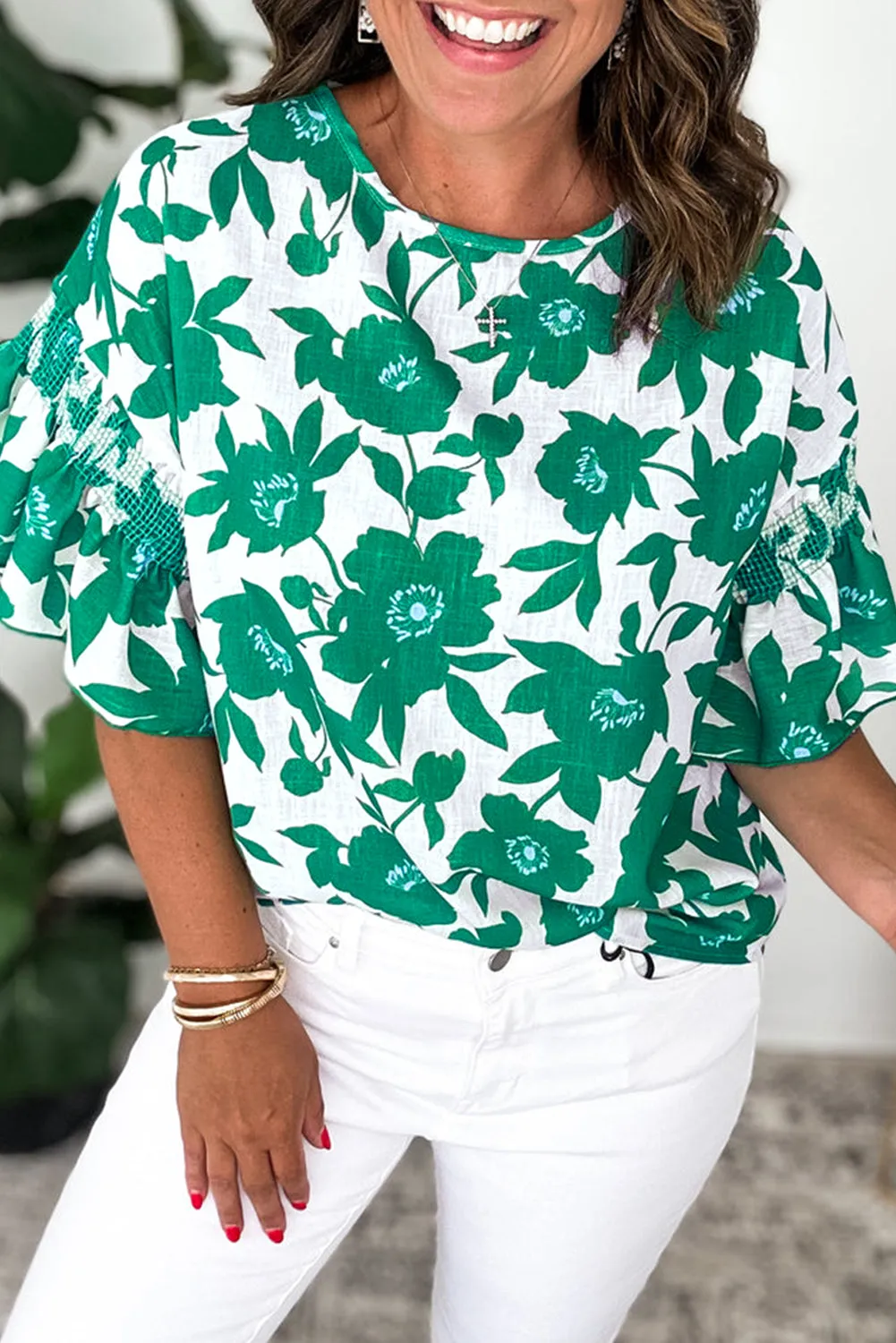 Green Floral Printed Ruffled Short Sleeve Round Neck Loose Blouse sold by Beagle Boutique