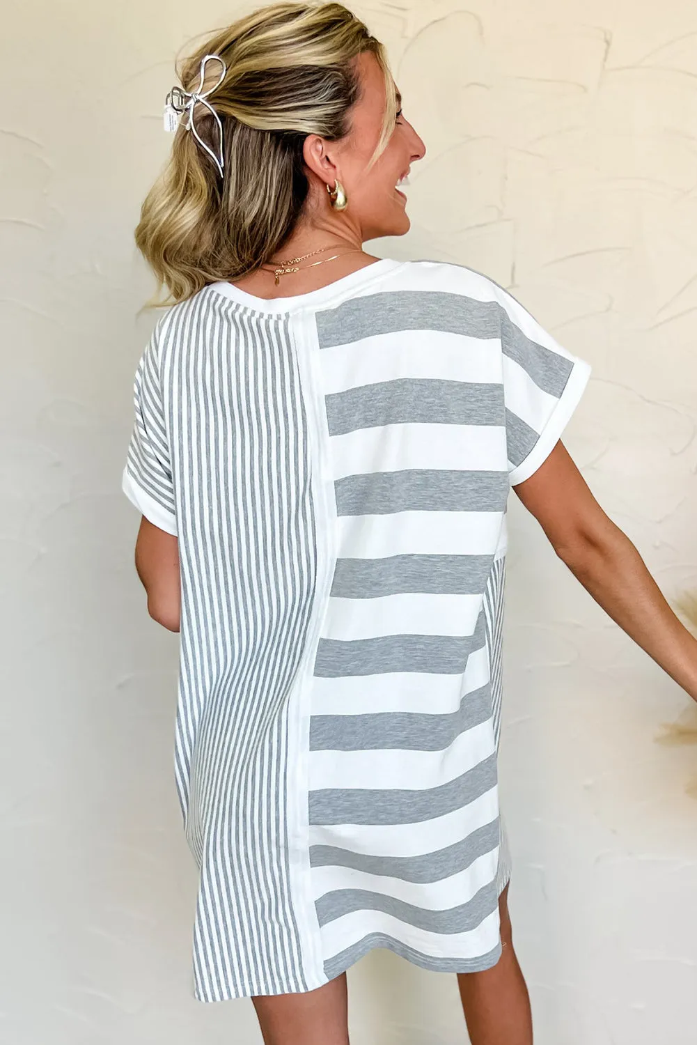 Grey Stripe Mixed Printed Short Sleeve Shift Mini T Shirt Dress sold by Beagle Boutique product image thumbnail 2