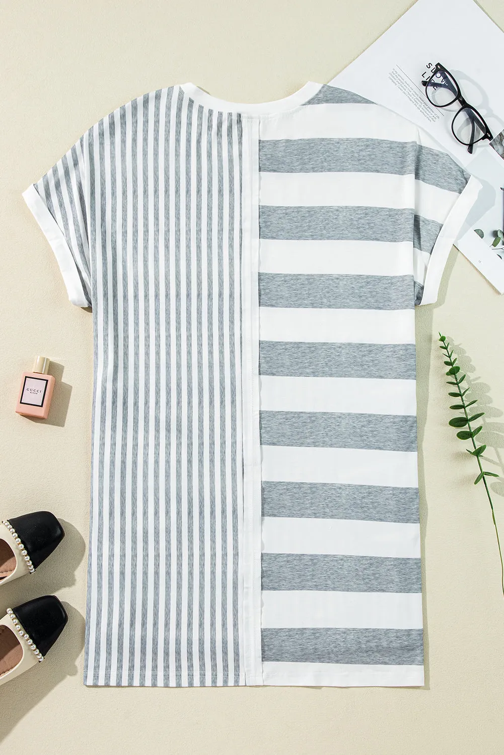Grey Stripe Mixed Printed Short Sleeve Shift Mini T Shirt Dress sold by Beagle Boutique product image thumbnail 5