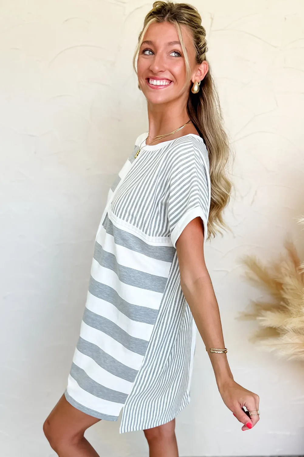 Grey Stripe Mixed Printed Short Sleeve Shift Mini T Shirt Dress sold by Beagle Boutique product image thumbnail 3