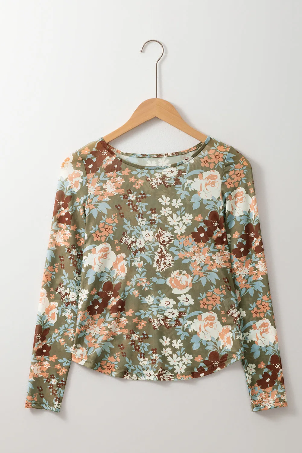 Green Floral Print Mesh Fitted Long Sleeve Top sold by Beagle Boutique product image thumbnail 4