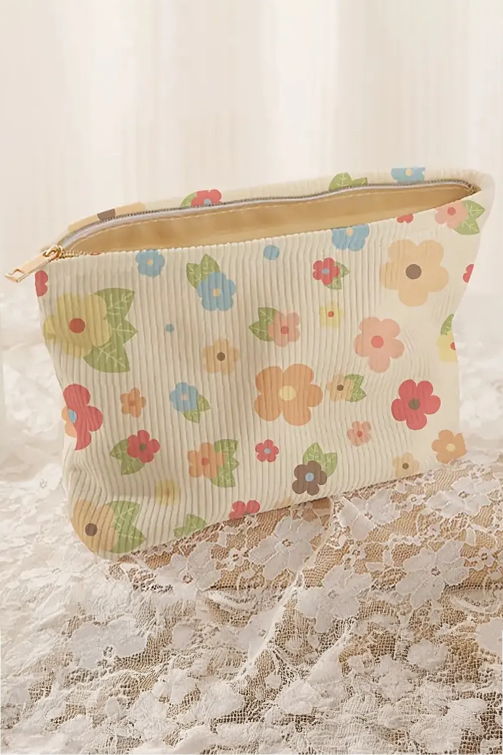 White Flower Leaves Print Zipper Corduroy Makeup Bag sold by Beagle Boutique product image thumbnail 3