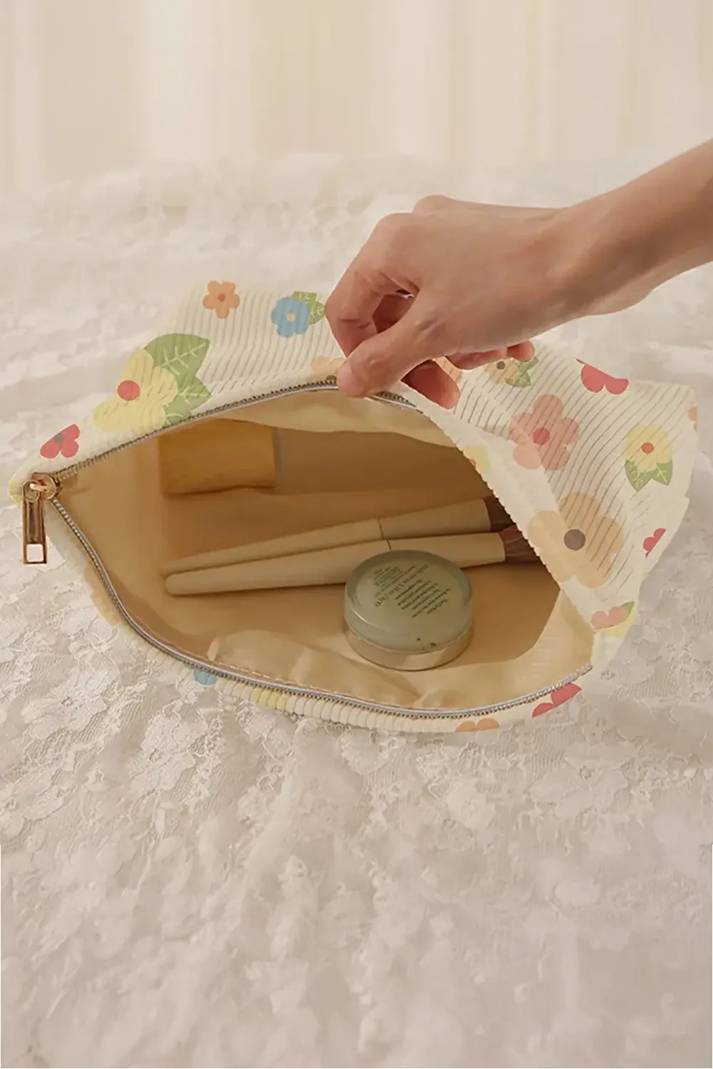 White Flower Leaves Print Zipper Corduroy Makeup Bag sold by Beagle Boutique product image thumbnail 4