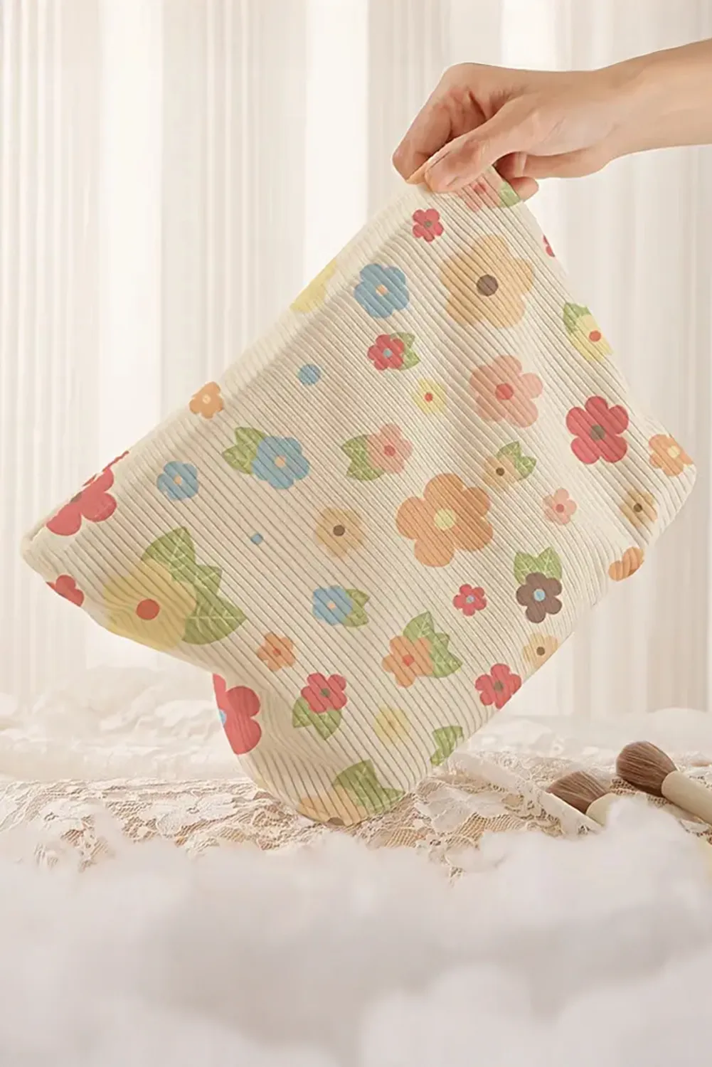 White Flower Leaves Print Zipper Corduroy Makeup Bag sold by Beagle Boutique product image thumbnail 2