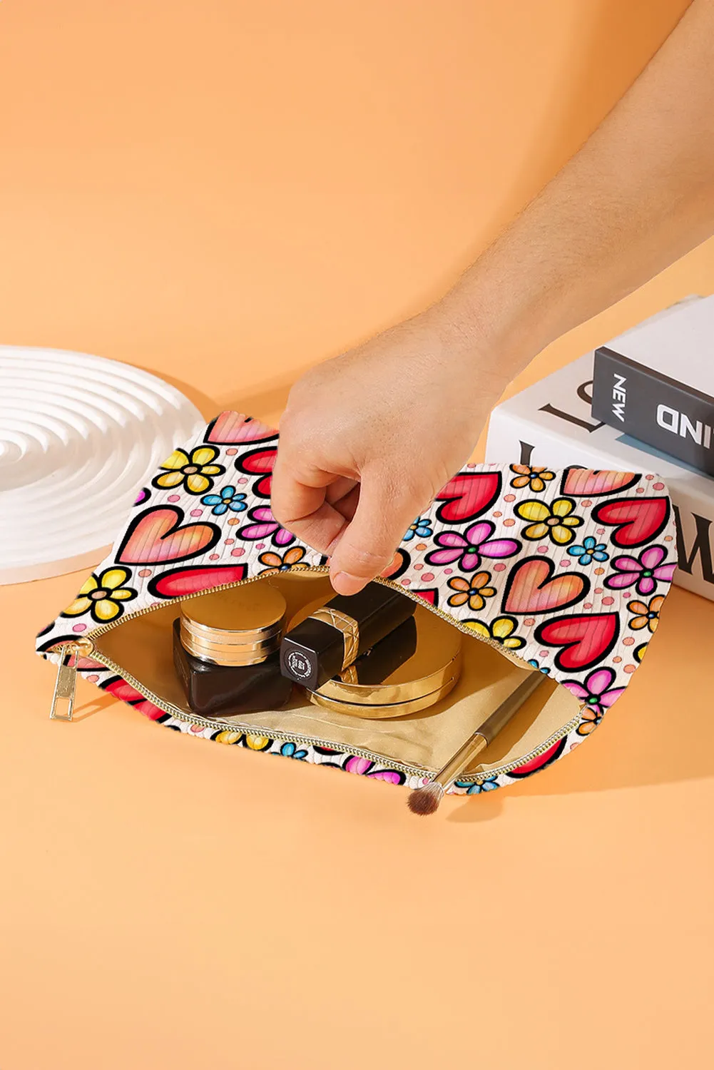 Fiery Red Flower Heart Print Corduroy Makeup Bag sold by Beagle Boutique product image thumbnail 4