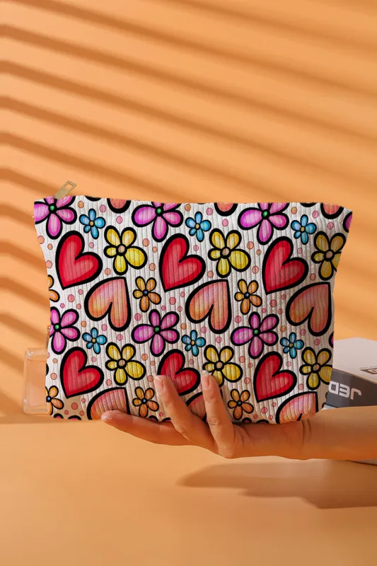 Fiery Red Flower Heart Print Corduroy Makeup Bag sold by Beagle Boutique