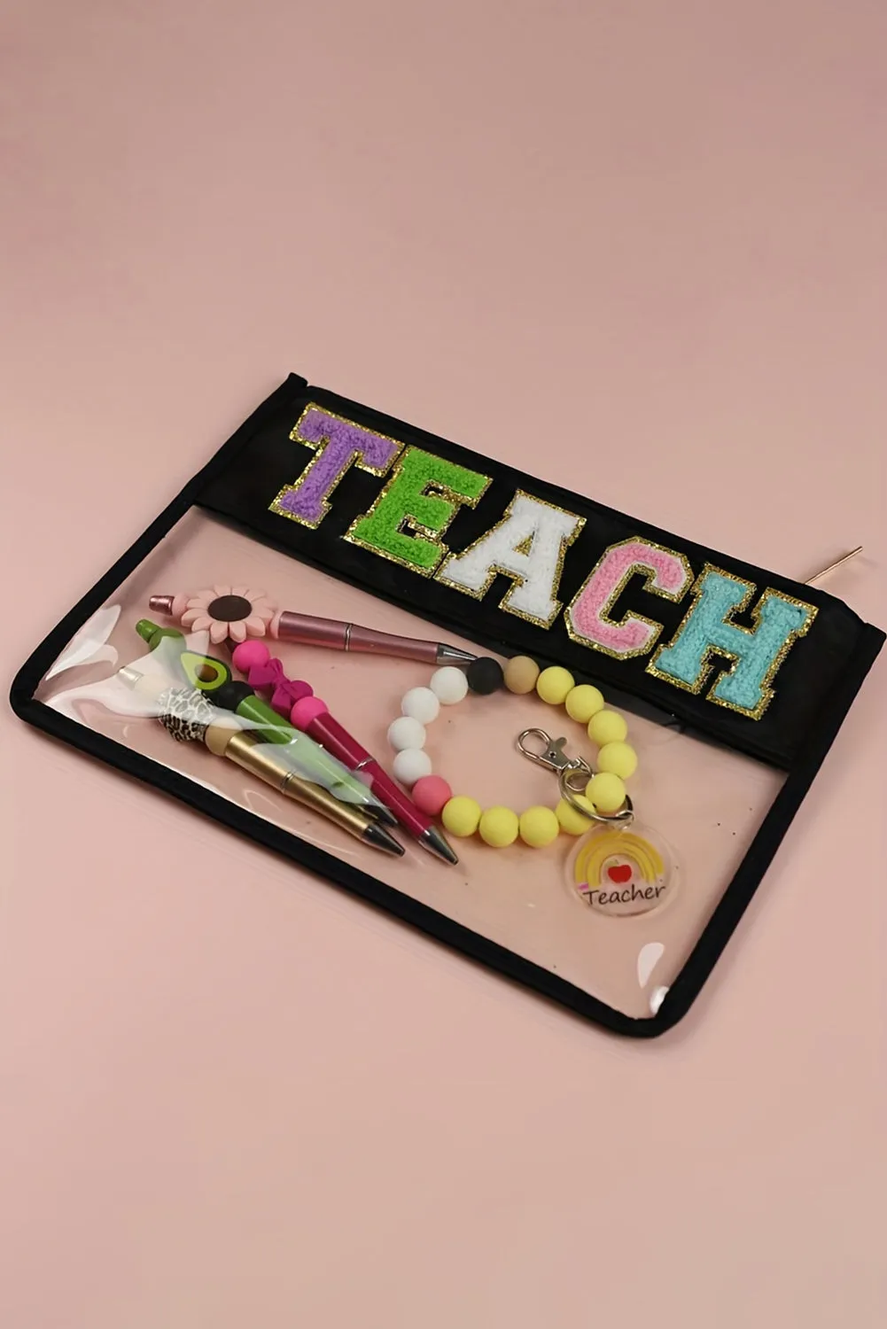 Black TEACH Glitter Chenille Clear PVC Makeup Bag sold by Beagle Boutique