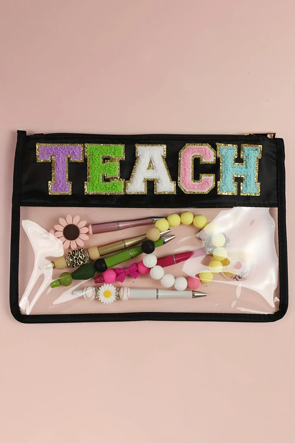 Black TEACH Glitter Chenille Clear PVC Makeup Bag sold by Beagle Boutique product image thumbnail 4