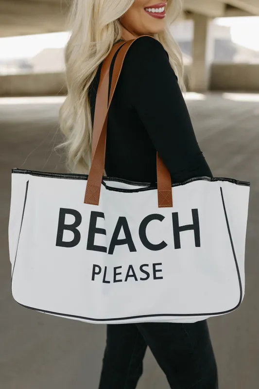 White BEACH PLEASE Print Large Canvas Tote Bag sold by Beagle Boutique