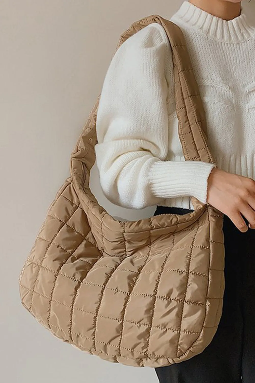 Light French Beige Quilted Zipper Large Shoulder Bag sold by Beagle Boutique product image thumbnail 5