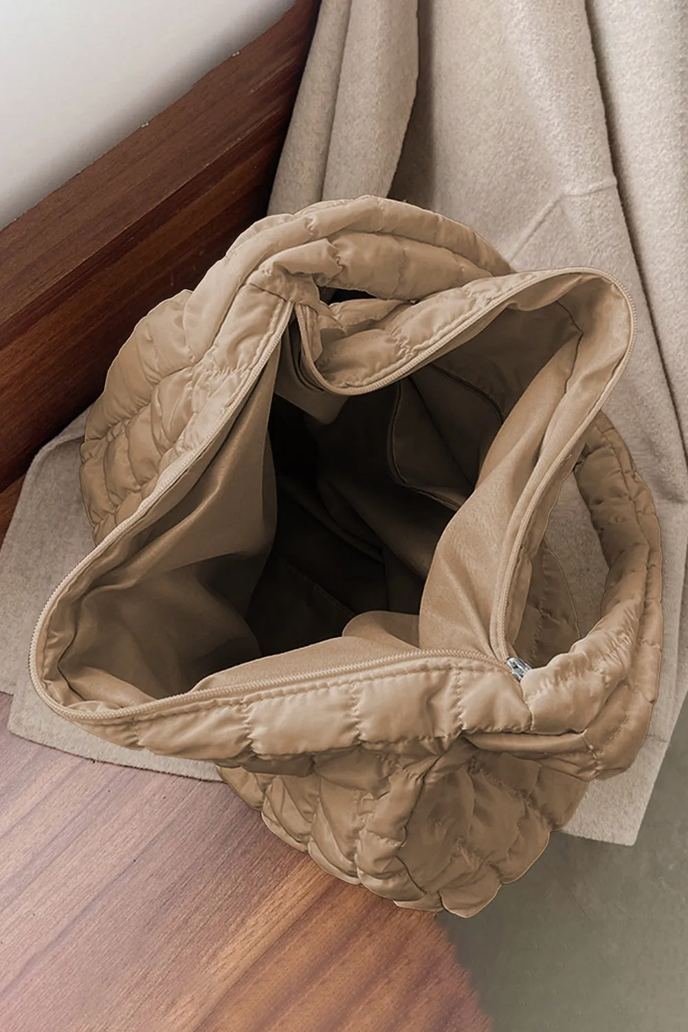 Light French Beige Quilted Zipper Large Shoulder Bag sold by Beagle Boutique product image thumbnail 3