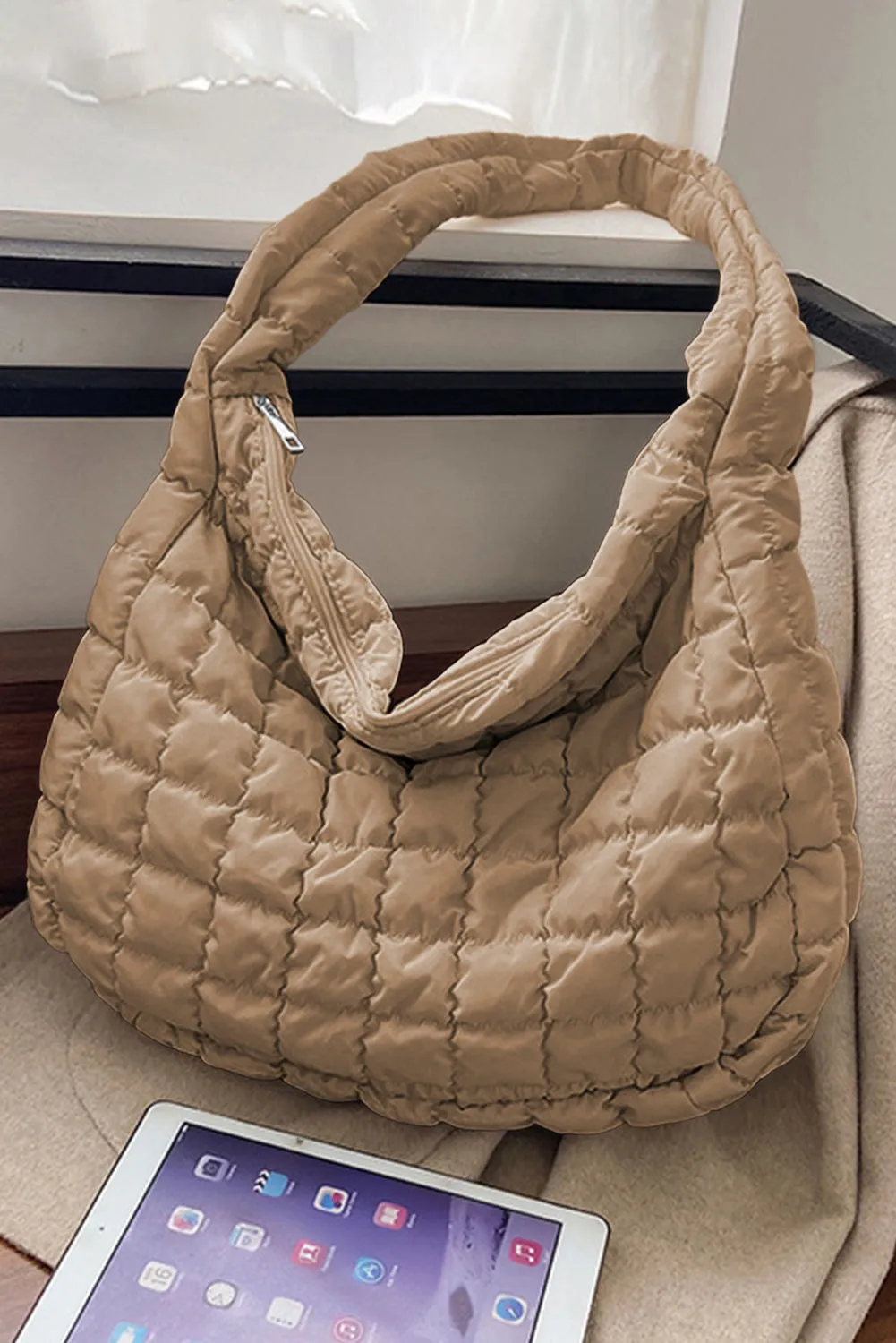 Light French Beige Quilted Zipper Large Shoulder Bag sold by Beagle Boutique product image thumbnail 2