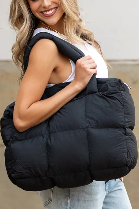 Black Solid Quilted Puffy Zipped Large Tote Bag sold by Beagle Boutique