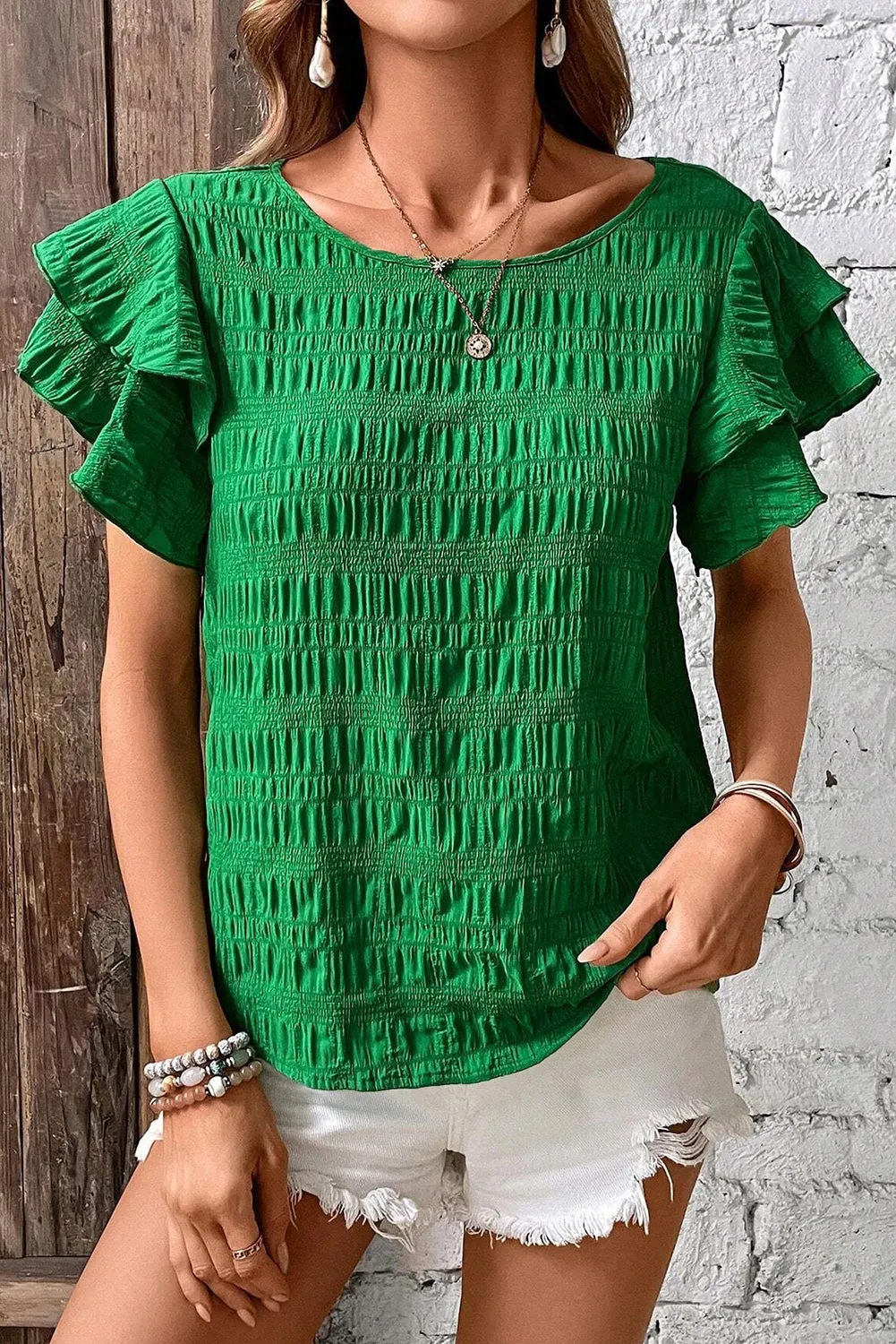 Dark Green Textured Ruffled Sleeve Round Neck Top sold by Beagle Boutique