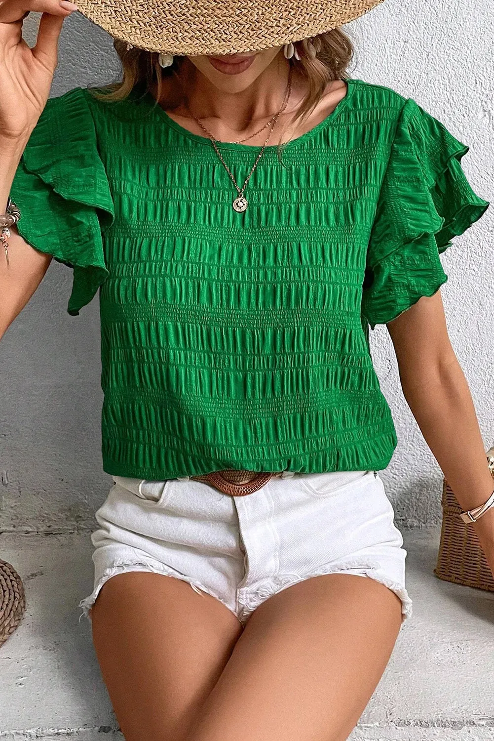 Dark Green Textured Ruffled Sleeve Round Neck Top sold by Beagle Boutique product image thumbnail 3