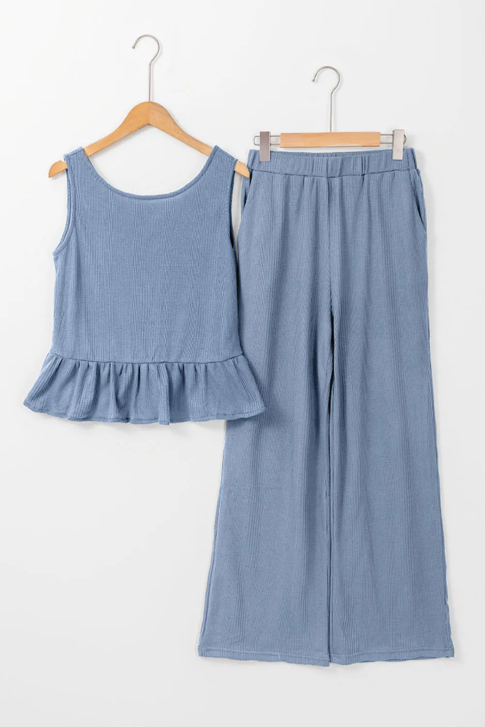 Beau Blue Ribbed Ruffle Tank Top and Trousers Set sold by Beagle Boutique product image thumbnail 5