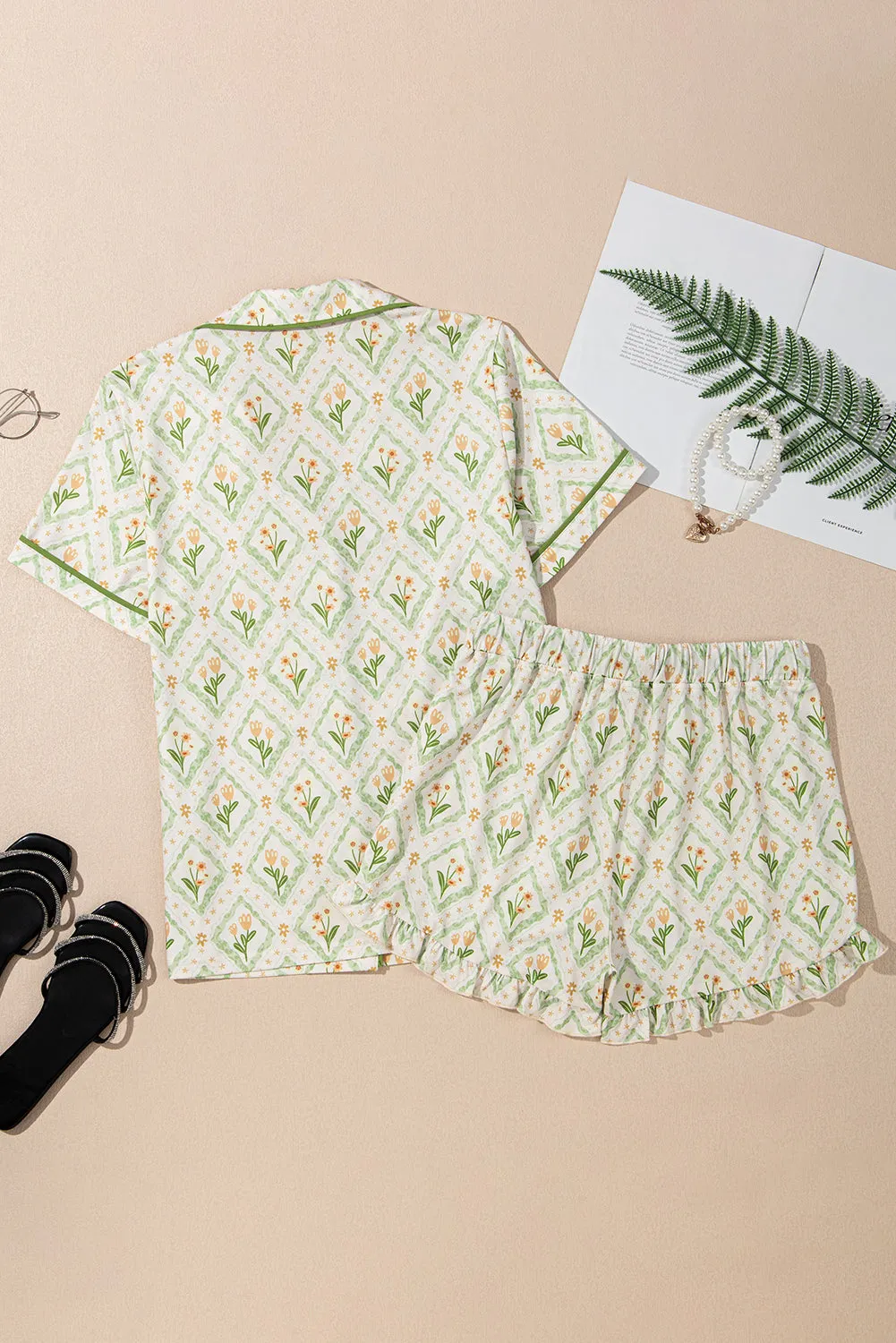 Green Floral Print Turn-down Collar Short Pyjamas Set sold by Beagle Boutique product image thumbnail 5