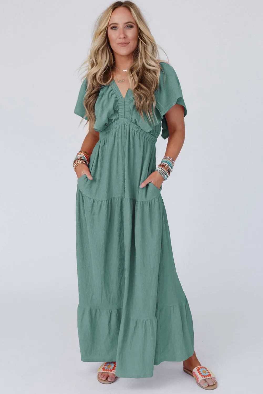 Green Textured V Neck Flutter Sleeve Ruffled Maxi Dress sold by Beagle Boutique product image thumbnail 3