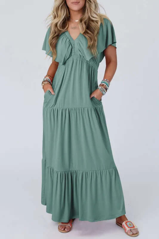 Green Textured V Neck Flutter Sleeve Ruffled Maxi Dress sold by Beagle Boutique