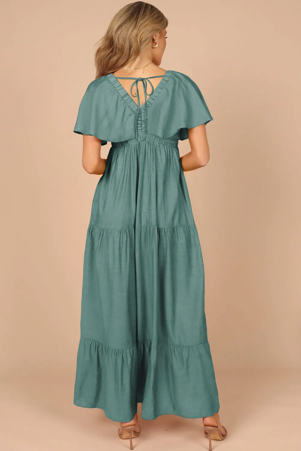 Green Textured V Neck Flutter Sleeve Ruffled Maxi Dress sold by Beagle Boutique product image thumbnail 2