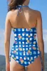 Blue Folk Gingham Halter Ruched Bodice Drawstring Ties One Piece Swimwear sold by Beagle Boutique