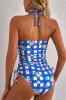 Blue Folk Gingham Halter Ruched Bodice Drawstring Ties One Piece Swimwear sold by Beagle Boutique