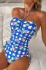Blue Folk Gingham Halter Ruched Bodice Drawstring Ties One Piece Swimwear sold by Beagle Boutique