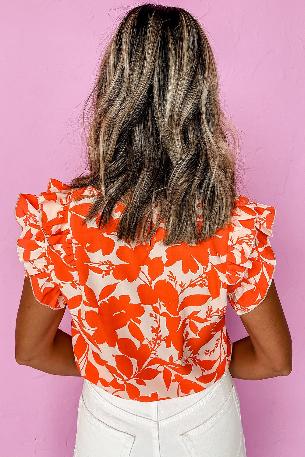 Orange Floral Ruffle Sleeve Print Top sold by Beagle Boutique product image thumbnail 5