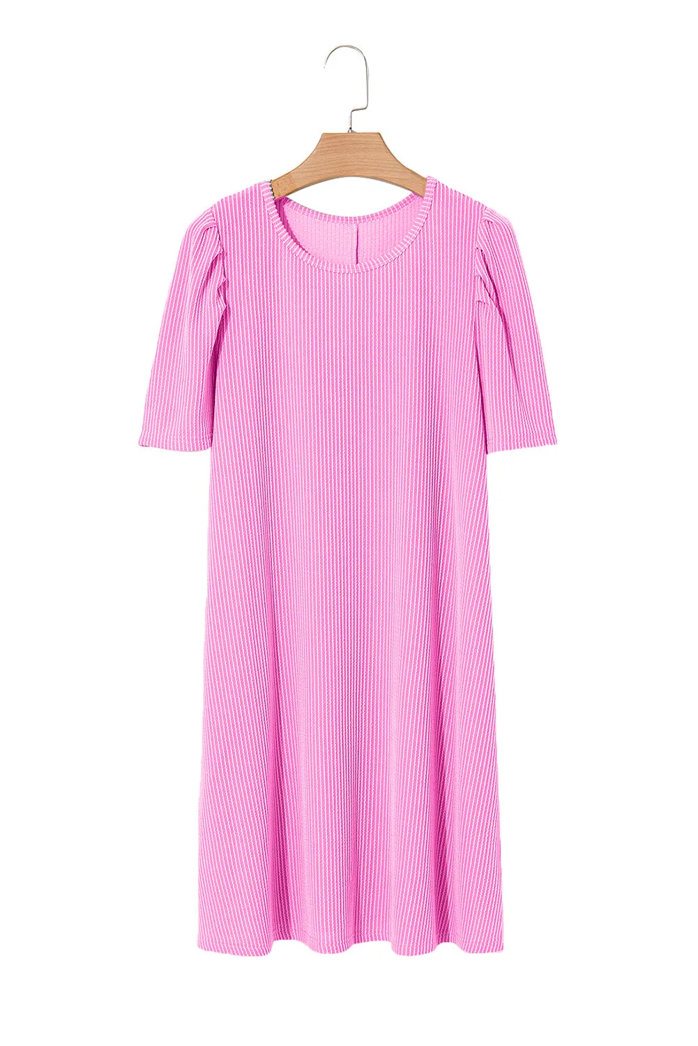 Bright Pink Ribbed Knit Crew Neck Puff Sleeve Shift Mini Dress sold by Beagle Boutique product image thumbnail 4