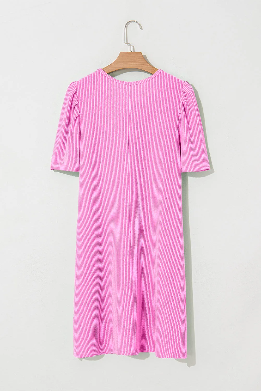 Bright Pink Ribbed Knit Crew Neck Puff Sleeve Shift Mini Dress sold by Beagle Boutique product image thumbnail 5