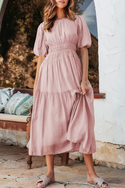 Pink Puff Sleeve Pleated High Waist Flowy Long Dress sold by Beagle Boutique