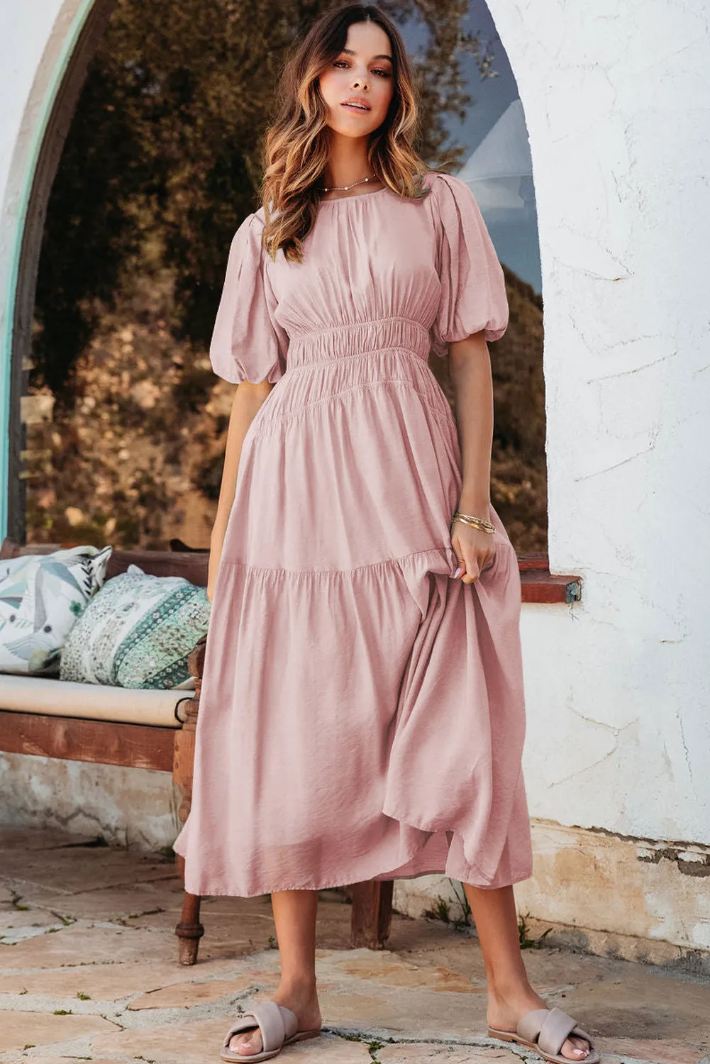 Pink Puff Sleeve Pleated High Waist Flowy Long Dress sold by Beagle Boutique product image thumbnail 4