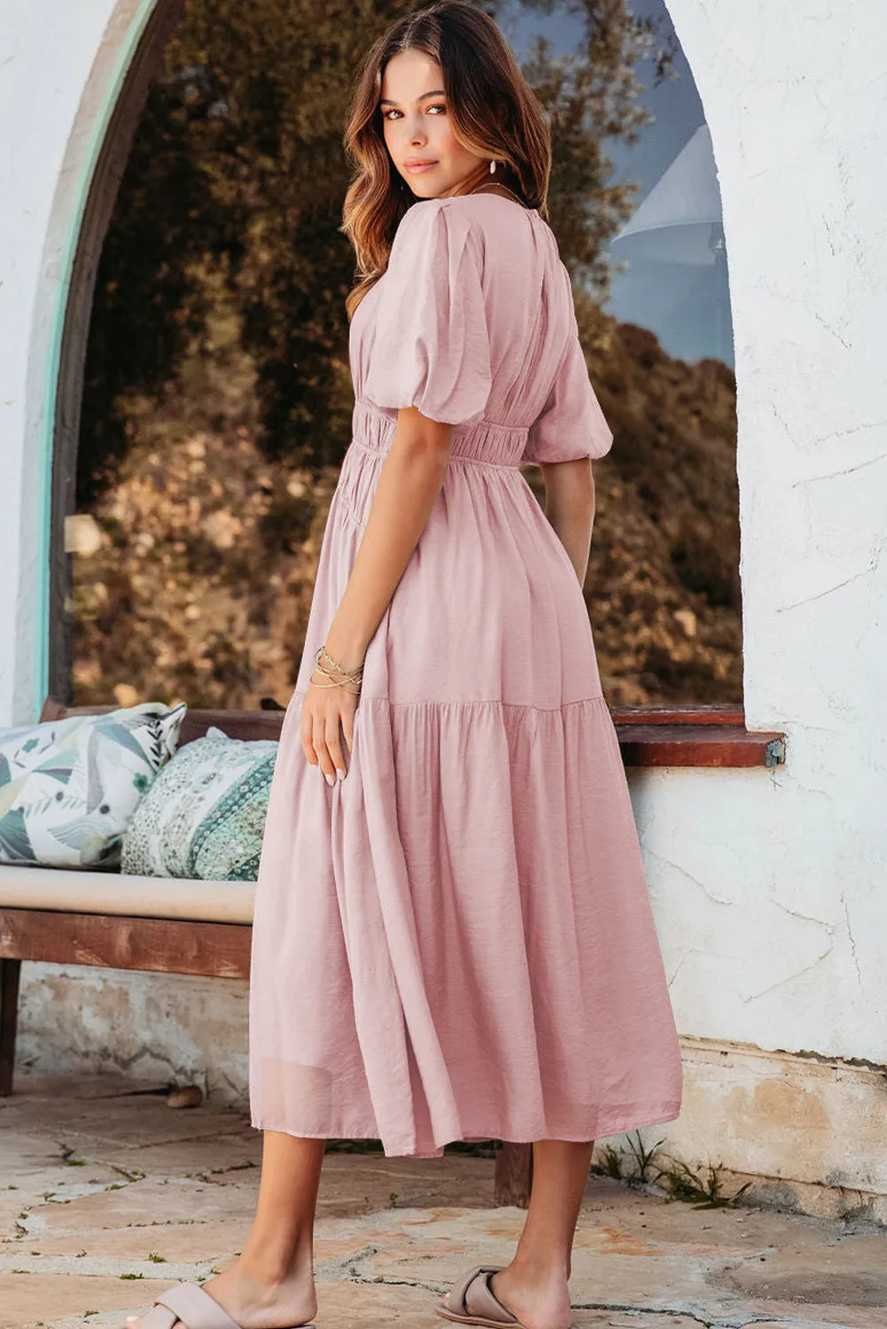 Pink Puff Sleeve Pleated High Waist Flowy Long Dress sold by Beagle Boutique product image thumbnail 2