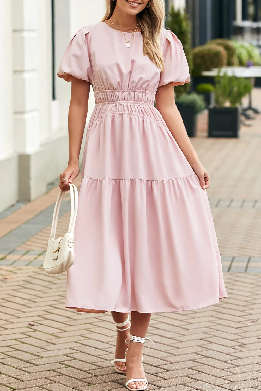 Pink Puff Sleeve Pleated High Waist Flowy Long Dress sold by Beagle Boutique product image thumbnail 5