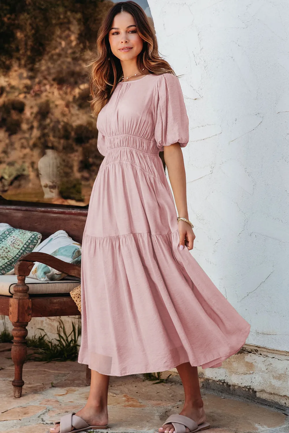 Pink Puff Sleeve Pleated High Waist Flowy Long Dress sold by Beagle Boutique product image thumbnail 3