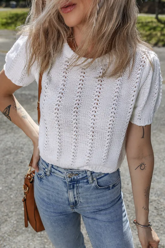 White Pointelle Knit Short Puff Sleeve Crewneck Sweater sold by Beagle Boutique